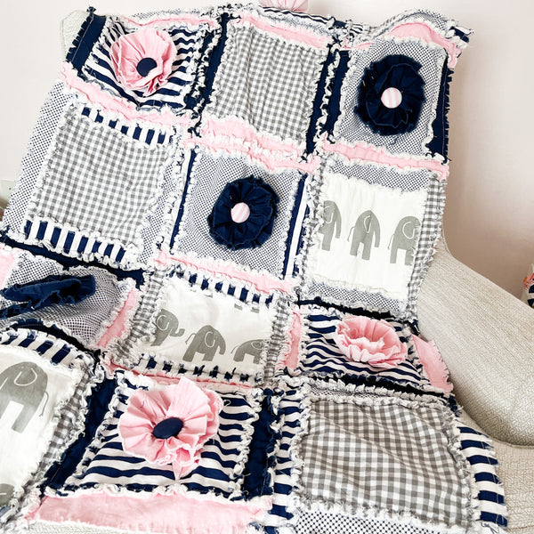 Elephant Crib Bedding - Navy / Pink / Gray - A Vision to Remember